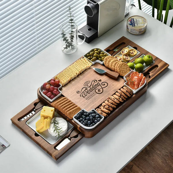 Personalized Charcuterie Board with Utensils & Bowls, Custom Laser Engraved Wooden Charcuterie Set